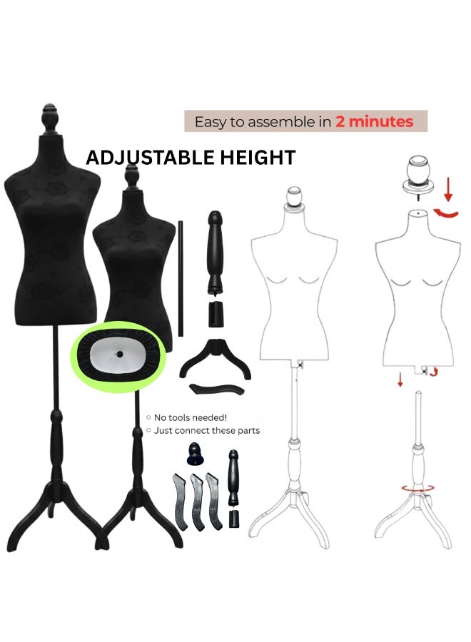 أورتوك مانيكان نسائي قابل للتعديل لعرض الفساتين – جذع مخملي أسود بنقشة زهور مع حامل ثلاثي القوائم أسود – ارتفاع قابل للتعديل حتى 178 سم، مثالي للخياطة وتصميم الملابس وعرض المجوهرات. - Image 5